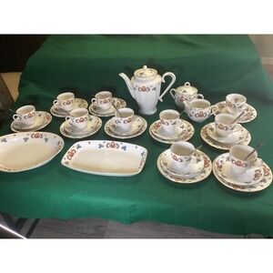 Porsgrunds Vintage Porcelain Tea Set Butterfly Gold Trim 830 Silver Spoons